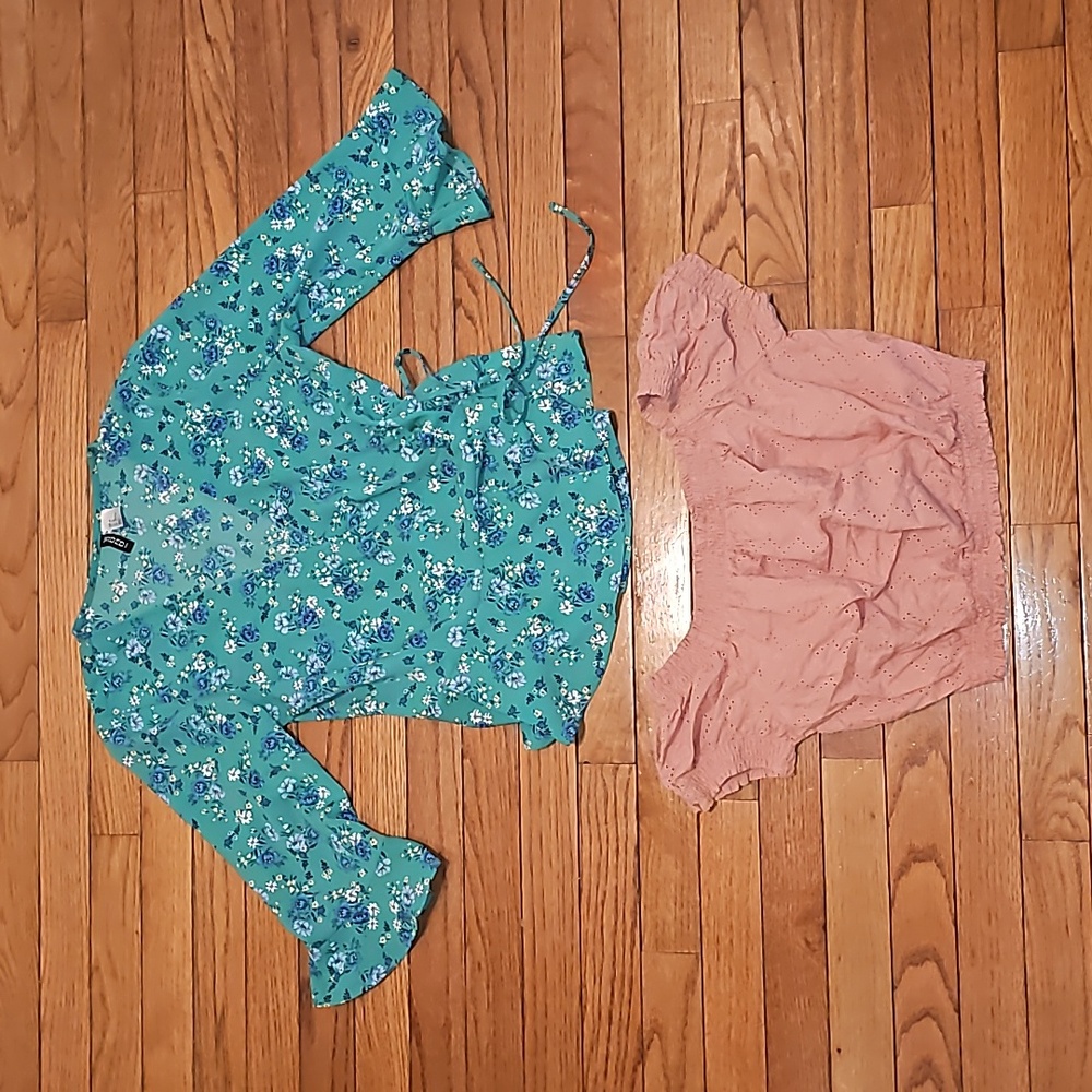 NWOT tops from H&M cropped eyelet pink top, green floral wrap blouse size 8